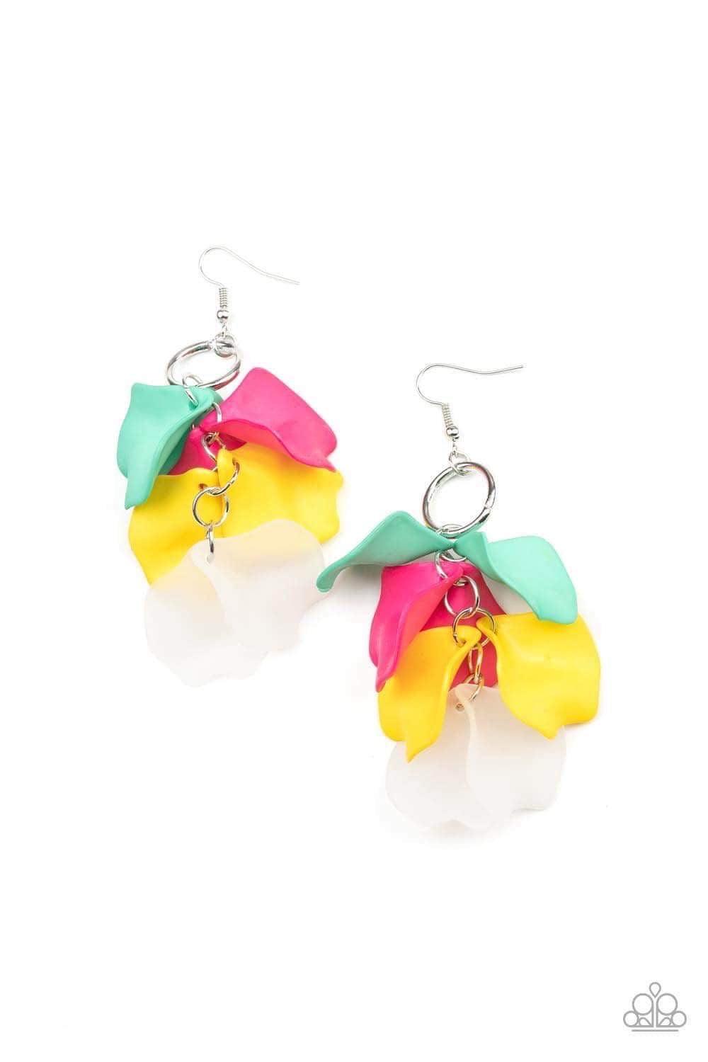 Paparazzi Accessories Glass Gardens - Multi Featuring opaque, pink, yellow, and Biscay Green finishes, glass-like acrylic petals cascade from the ear, coalescing into a whimsically clustered lure. Jewelry