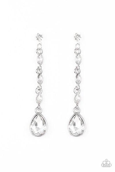 Paparazzi Accessories Must Love Diamonds - White Dainty white marquise rhinestone frames drip from a classic white rhinestone fitting. An oversized teardrop rhinestone swings from the bottom for a dramatic finish. Earring attaches to a standard post fitti