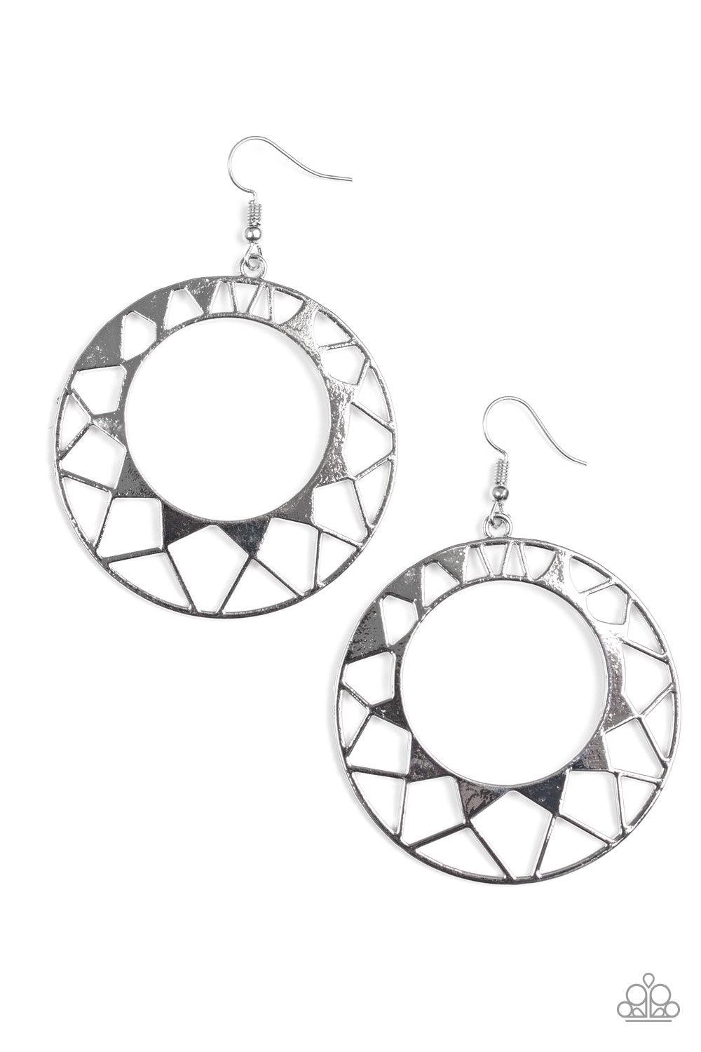 Paparazzi Accessories Summer Sunshine - Silver Brushed in a high-sheen finish, a shattered sunburst pattern bursts from a silver hoop for a summery look. Earring attaches to a standard fishhook fitting. Jewelry