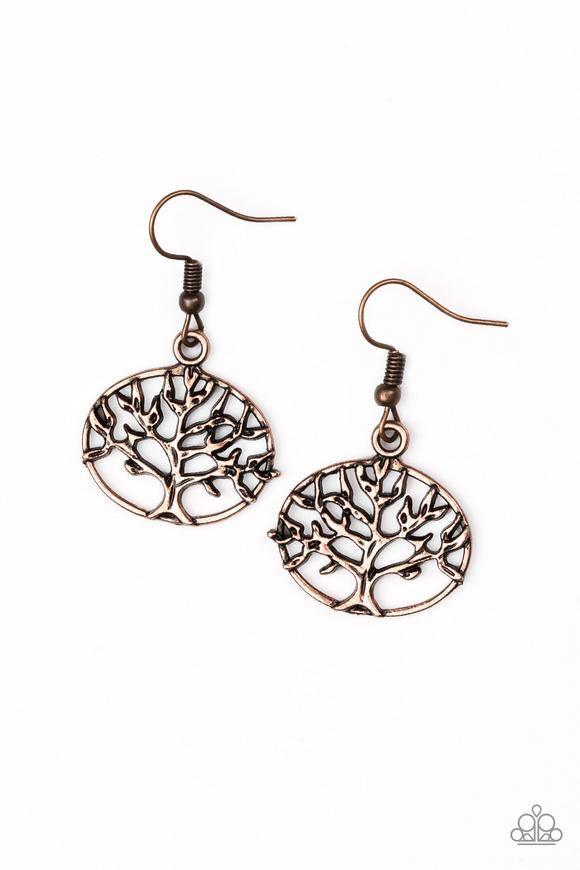 Paparazzi Accessories Dream TREEHOUSE - Copper Brushed in an antiqued shimmer, a glistening tree branches out across a dainty copper frame for a whimsical look. Earring attaches to a standard fishhook fitting. Jewelry