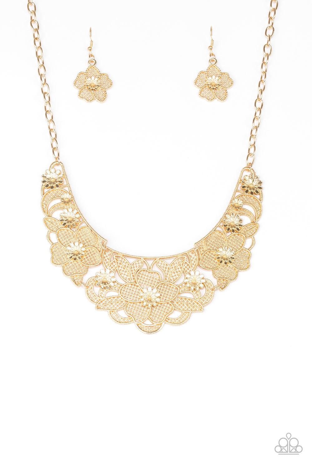 Paparazzi Accessories Petunia Paradise - Gold Featuring lattice-like patterns, shimmery gold flowers bloom below the collar for a seasonal look. Features an adjustable clasp closure. Jewelry