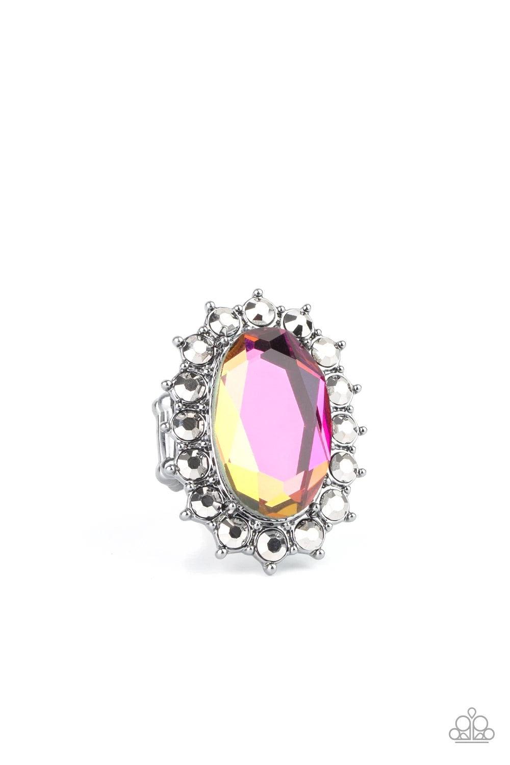 Paparazzi Accessories Bling Of All Bling -Multi Hematite rhinestone encrusted petals bloom from an oversized oil spill gem, creating a dramatic centerpiece atop the finger. Features a stretchy band for a flexible fit. Sold as one individual ring. Jewelry