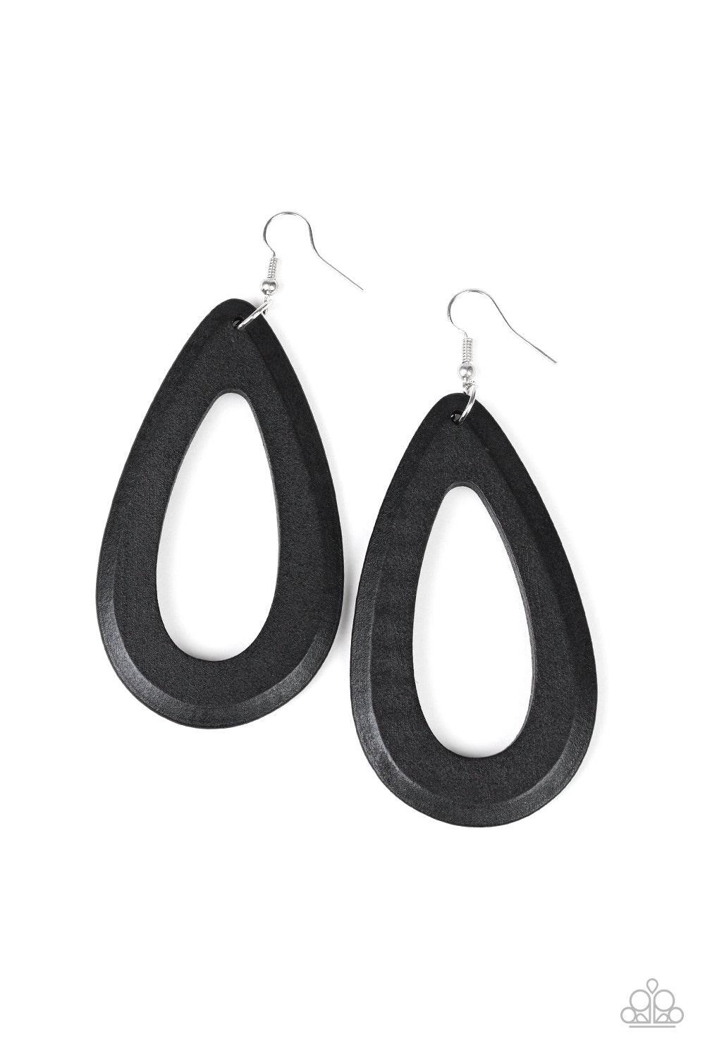 Paparazzi Accessories Malibu Mimosas - Black Brushed in a shiny black finish, an airy wooden teardrop frame swings from the ear in a seasonal fashion. Earring attaches to a standard fishhook fitting. Jewelry