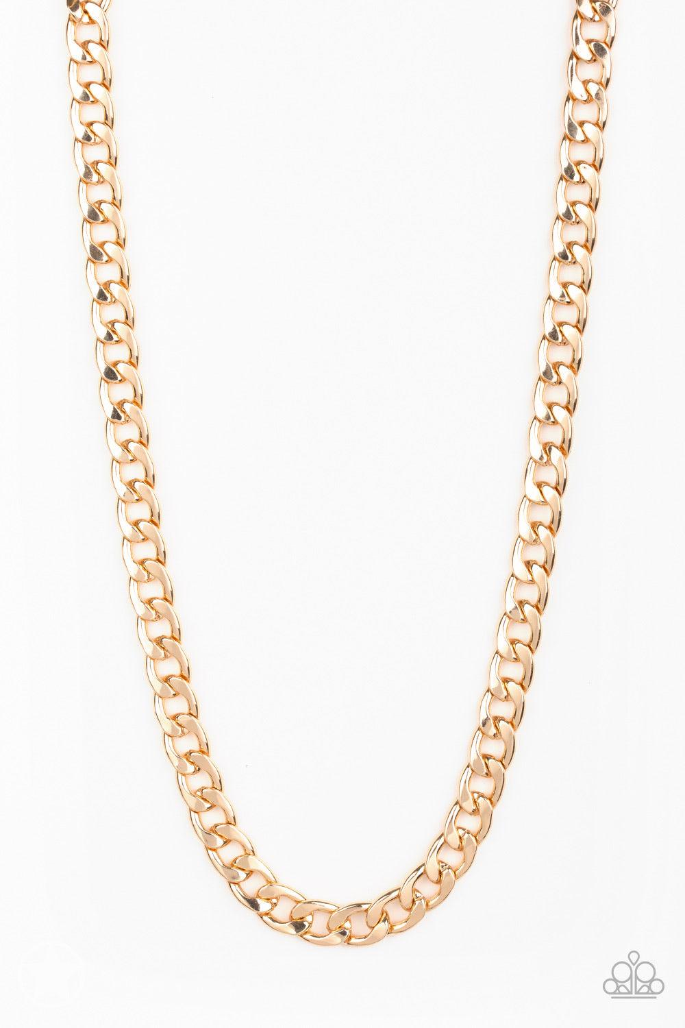 Paparazzi Accessories The Underdog - Gold Brushed in a high-sheen gold finish, a strand of oval curb chain dramatically drapes across the chest for a bold industrial look. Features an adjustable clasp closure. Jewelry
