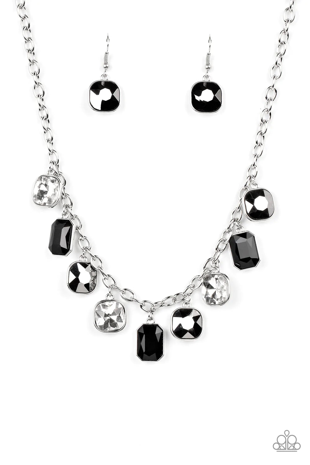 Paparazzi Accessories Best Decision Ever - Silver Featuring emerald and radiant style cuts, a sparkly collection of hematite, black, and white rhinestones glitters below the collar, creating an irresistible fringe. Features an adjustable clasp closure. So