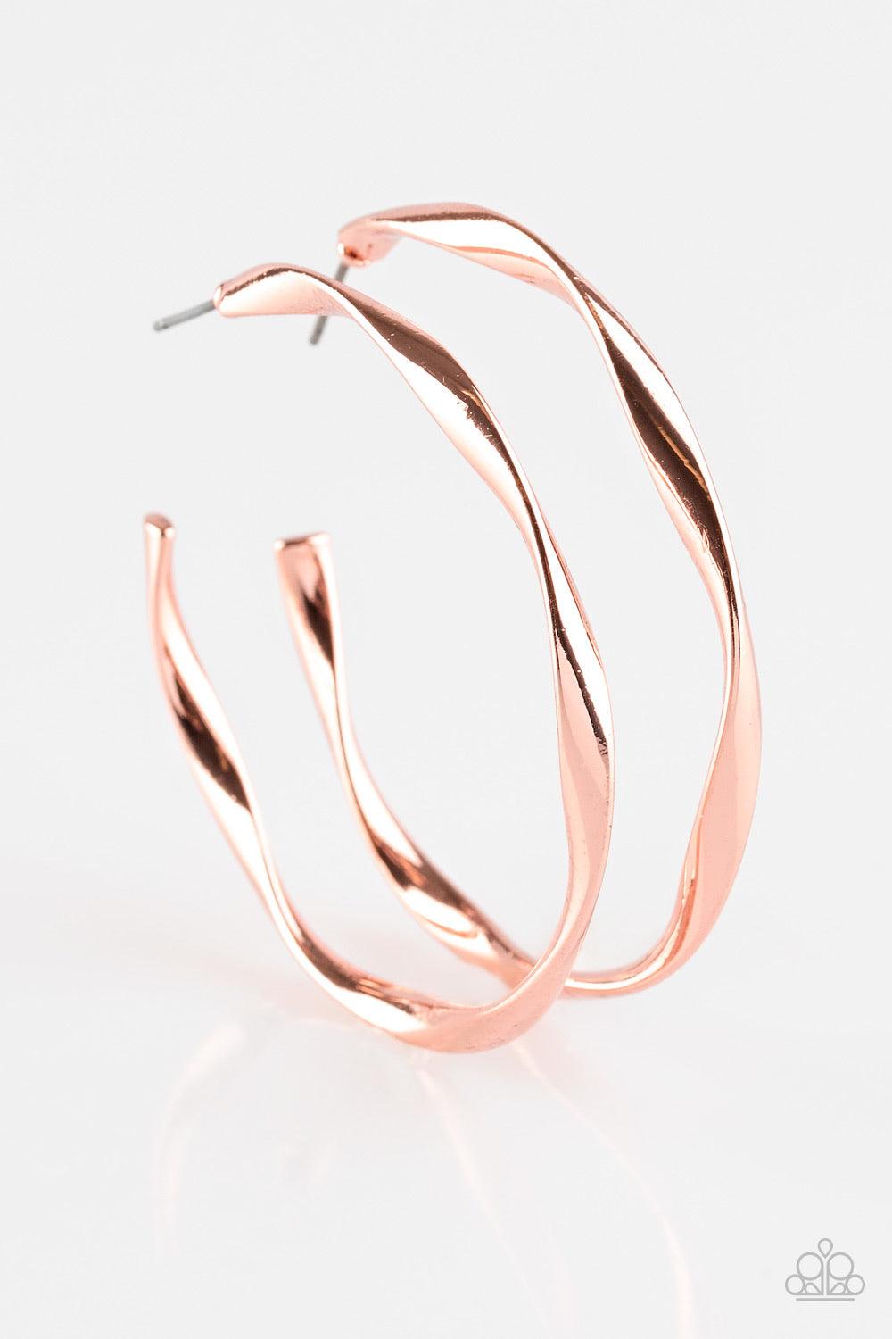 Paparazzi Accessories Plot Twist - Copper Featuring a subtle twist, a shiny copper hoop curls around the ear for a bold industrial look. Earring attaches to a standard post fitting. Hoop measures 2" in diameter. Sold as one pair of hoop earrin Jewelry