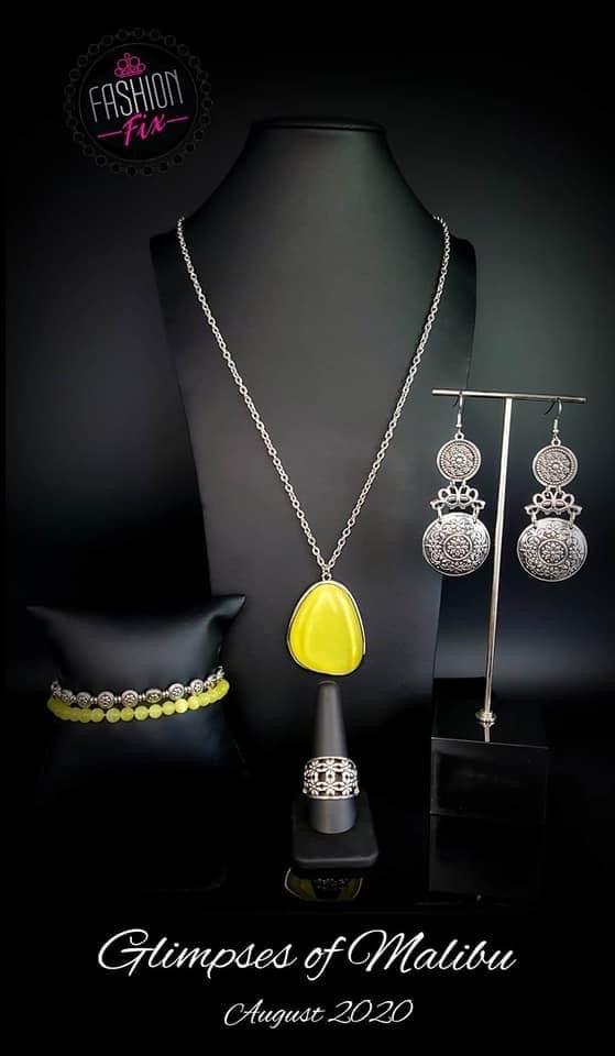 Paparazzi Accessories Glimpse of Malibu: FF August 2020 The Glimpses of Malibu collection was created with inspiration from the styles of Malibu, CA. Styles in this Trend Blend will feature fun, livable fashion with an upscale flavor. The color are usuall