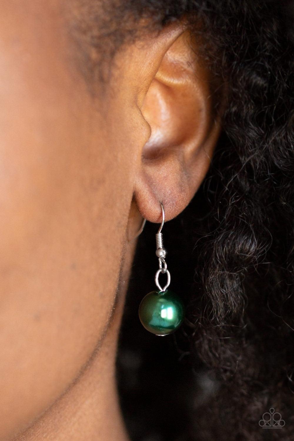 Paparazzi Accessories Pacific Posh - Green A refined collection of opaque green teardrops and pearly green beads swing from shimmery silver links below the collar, creating a fabulous fringe. Features an adjustable clasp closure. Jewelry