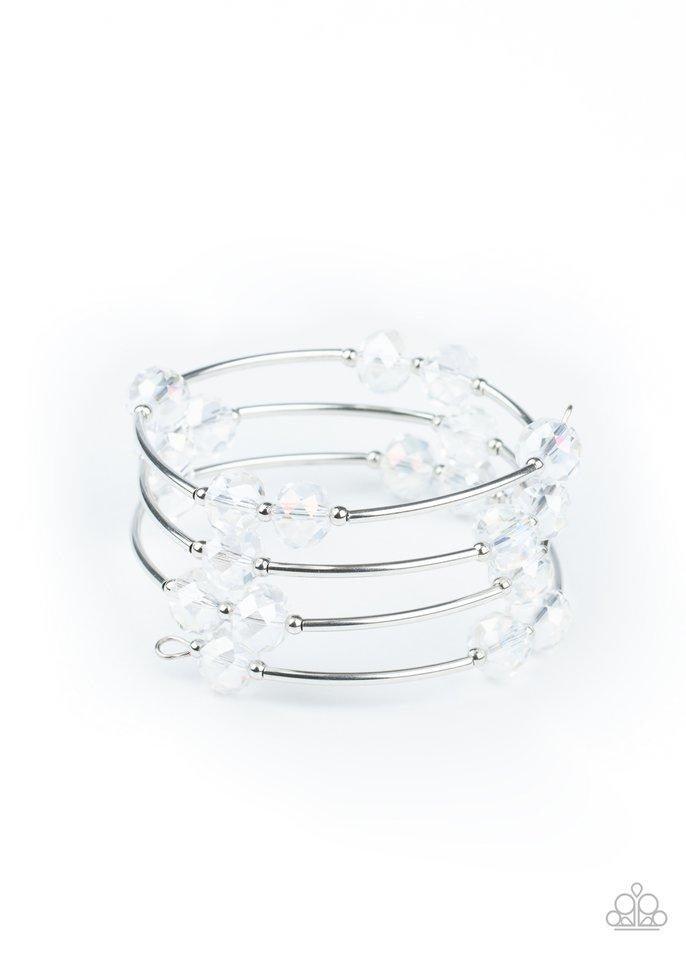 Paparazzi Accessories Dreamy Demure - White Glittery white crystal-like beads, silver rods, and dainty silver beads are threaded along a coiled wire, creating a glamorous infinity wrap style bracelet around the wrist. Sold as one individual bracelet. Jewe