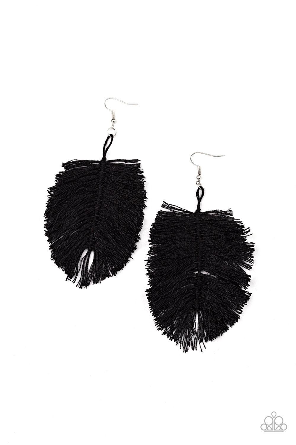 Paparazzi Accessories Hanging By A Thread - Black Featuring a shiny black hue, a loop of thread gives way to a leafy black fringe, creating a statement-making texture. Earring attaches to a standard fishhook fitting. Sold as one pair of earrings. Jewelry