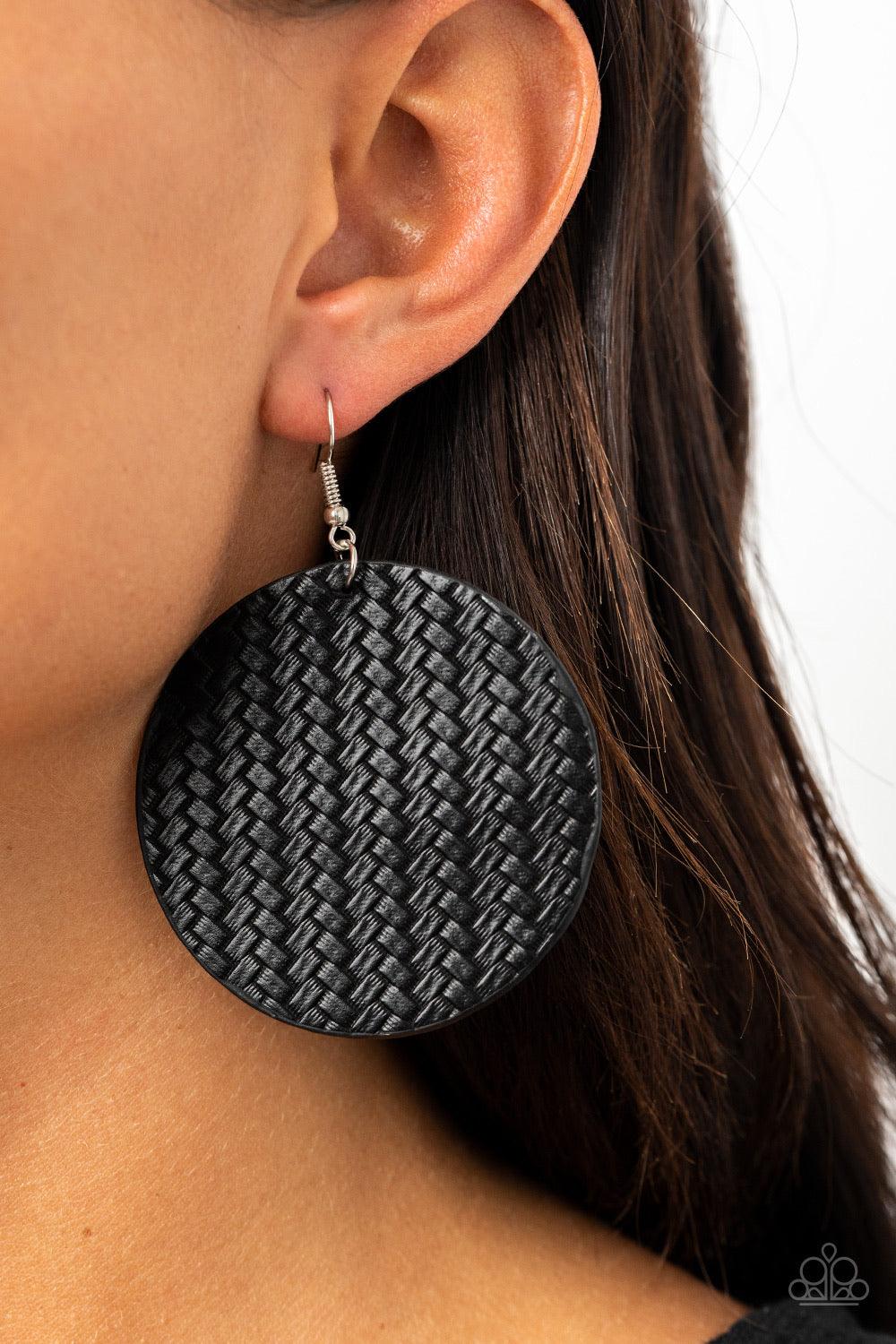 Paparazzi Accessories Weave Your Mark ~Black Shiny black cording weaves into a plaited frame for a colorfully rustic look. Earring attaches to a standard fishhook fitting. Sold as one pair of earrings.