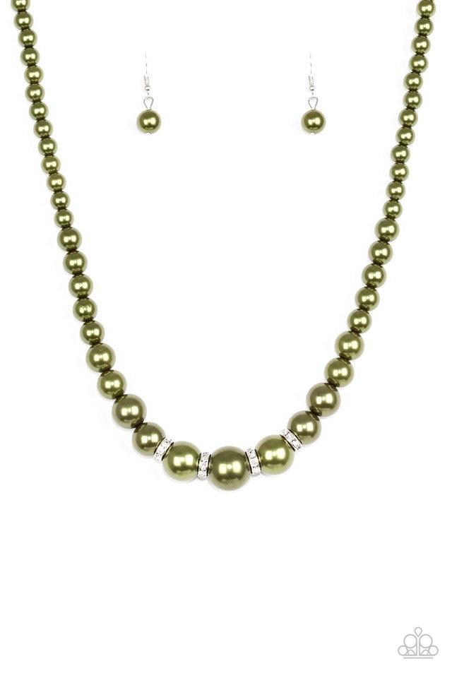 Paparazzi Accessories Party Pearls - Green Gradually increasing in size, luminescent green pearls trickle below the collar for a classic look. Encrusted in dazzling white rhinestones, glittery rings are sprinkled between the pearls for a timeless finish.