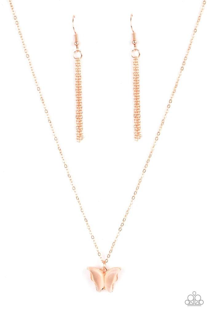 Paparazzi Accessories Butterfly Prairies - Copper Infused with glistening white cat's eye stone wings, a shiny copper butterfly pendant swings from a dainty copper chain below the collar for a whimsy flair. Features an adjustable clasp closure. Sold as on