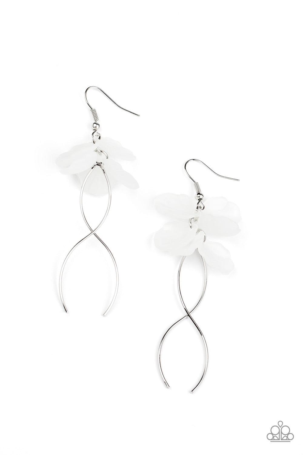 Paparazzi Accessories Let’s Keep It ETHEREAL - White Featuring lifelike details, a cluster of cloudy white acrylic petals gives way to two wavy silver bars, creating a whimsical lure. Earring attaches to a standard fishhook fitting. Sold as one pair of ea