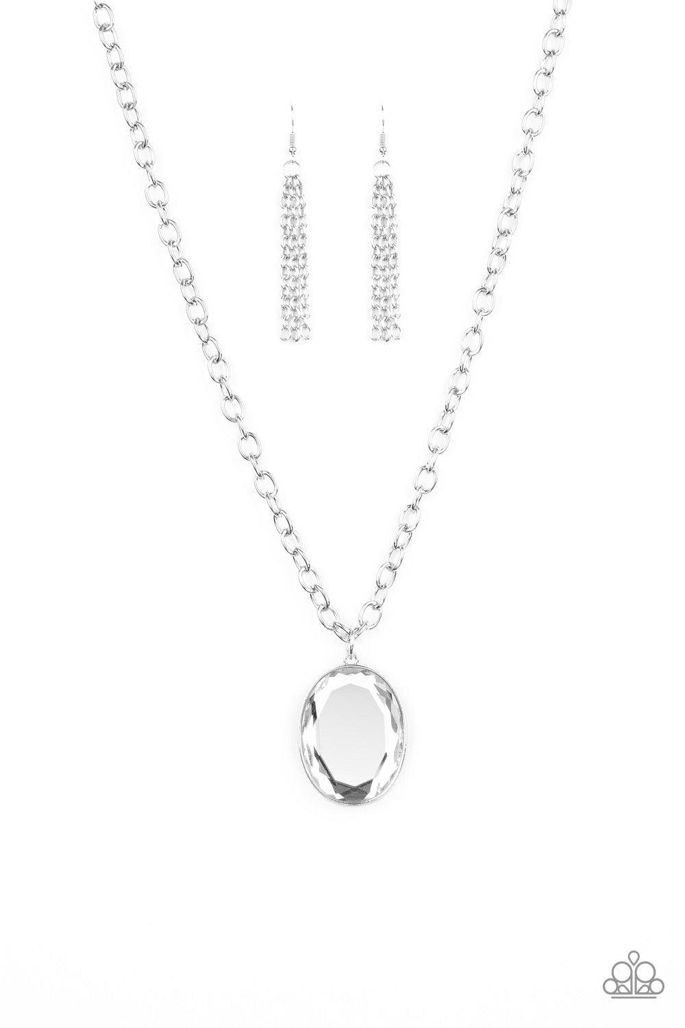 Paparazzi Accessories Light As HEIR - White Featuring a sleek silver frame, an oversized oval gem swings below the collar for a dramatically glamorous look. Features an adjustable clasp closure. Jewelry