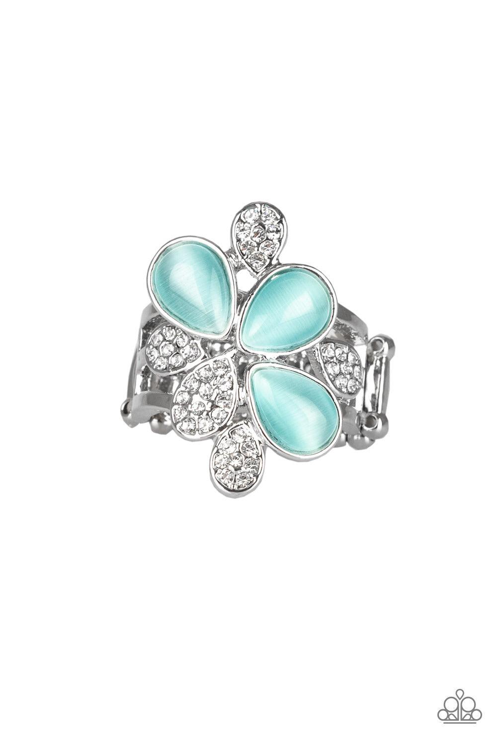 Paparazzi Accessories Diamond Daisies - Blue Featuring tranquil teardrop shapes, glowing blue moonstones and white rhinestone encrusted petals coalesce into an enchanting band for a seasonal look. Features a stretchy band for a flexible fit. Sold as one i