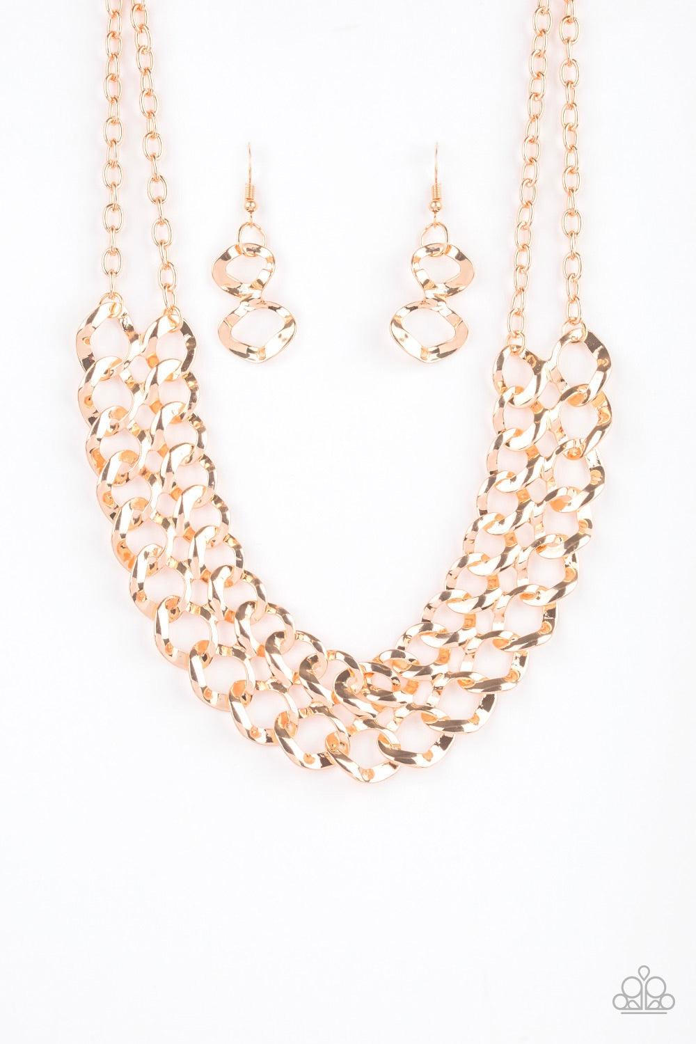 Paparazzi Accessories Street Meet And Greet - Gold Asymmetrical gold frames connect below the collar, creating a bold web-like fringe for a statement-making look. Features an adjustable clasp closure. Jewelry
