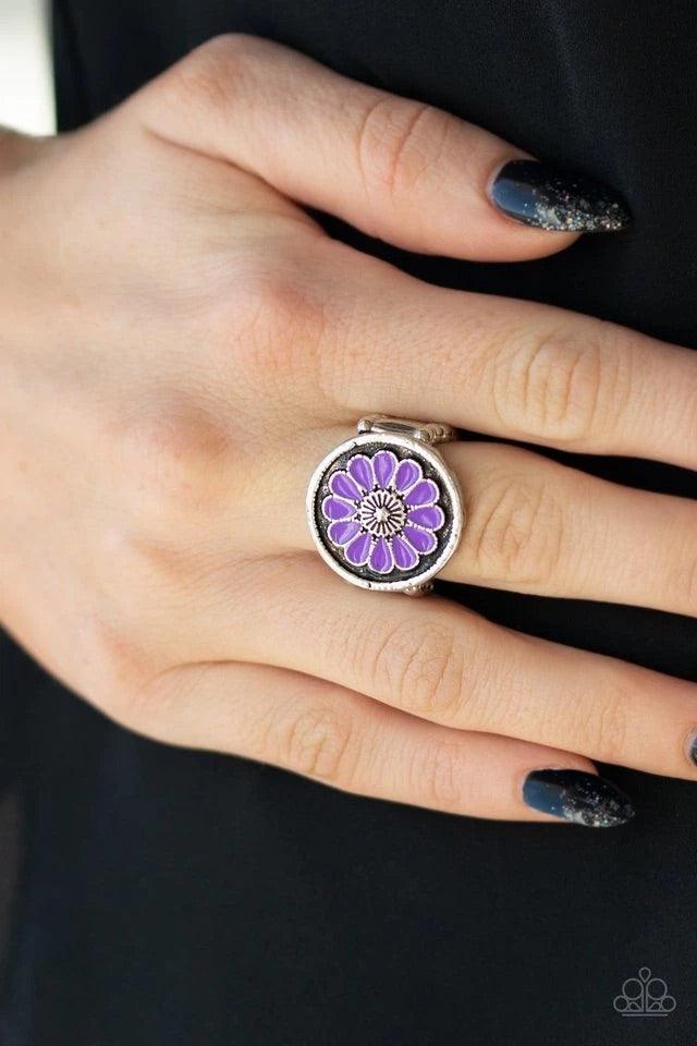 Paparazzi Accessories Garden View - Purple Brushed in an antiqued shimmer, vivacious purple petals spin into a whimsical floral pattern atop the finger. Features a stretchy band for a flexible fit. Sold as one individual ring. Jewelry