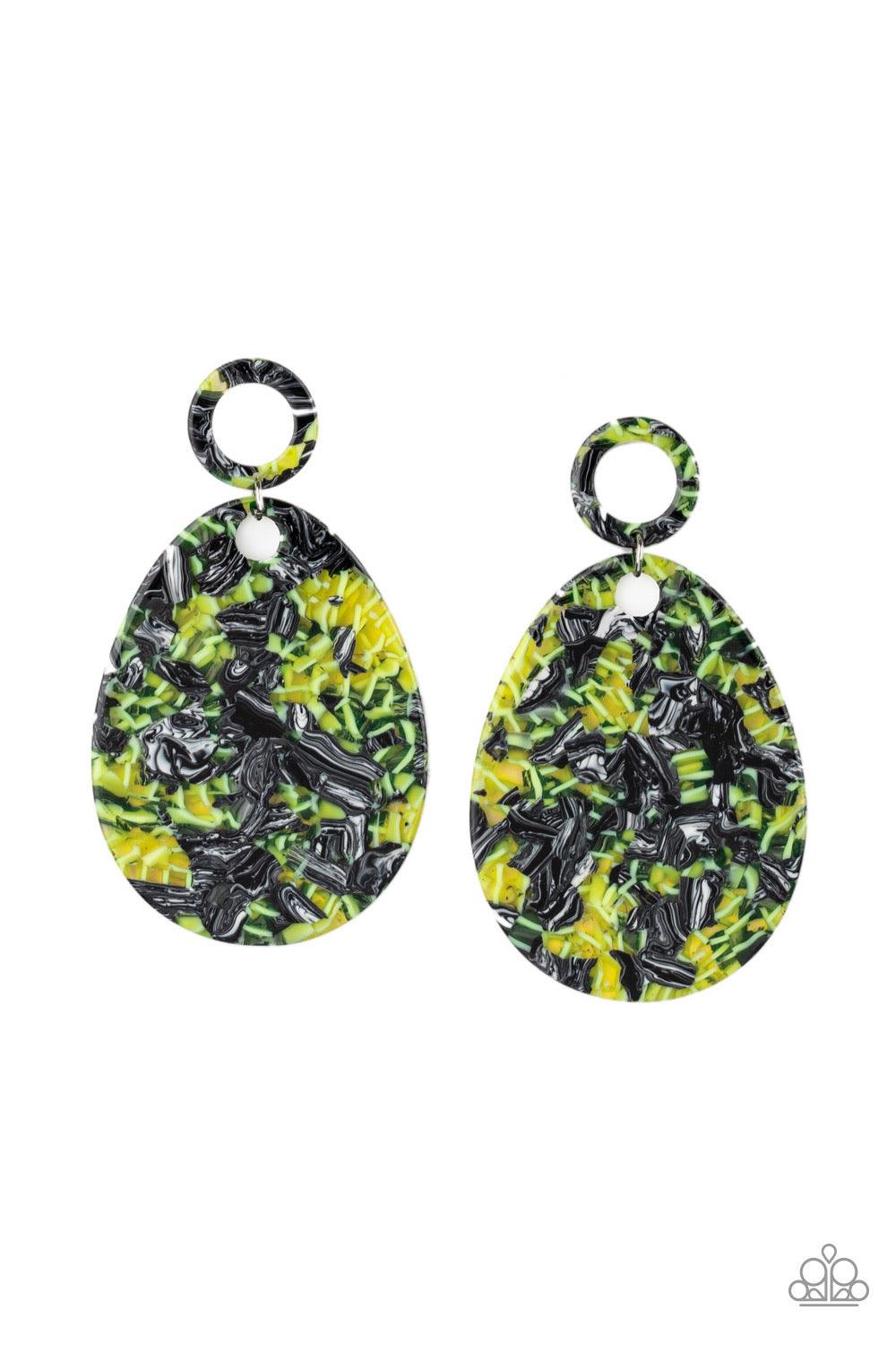 Paparazzi Accessories Retro-politan - Multi Featuring a radical multicolored finish, a teardrop acrylic frame swings from the bottom of a matching acrylic hoop for a retro inspired look. Earring attaches to a standard post fitting. Color may vary. Jewelry