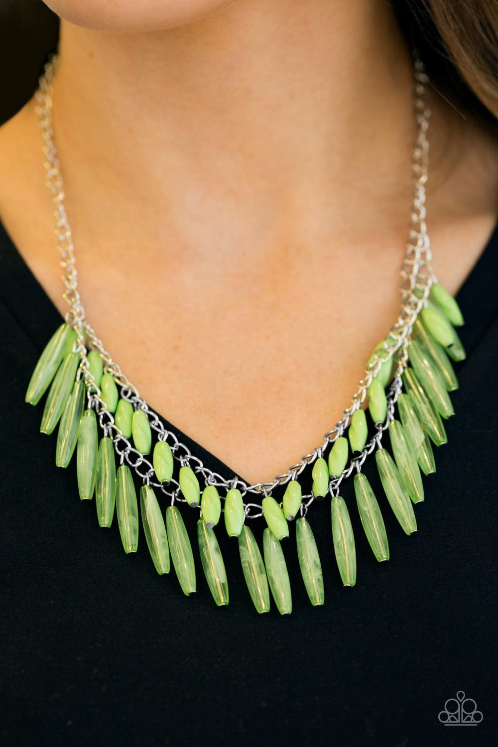 Paparazzi Accessories Speak of the DIVA - Green A row of faceted green beads swings above a row of opaque pink beads, creating fierce layers below the collar. Features an adjustable clasp closure. Jewelry