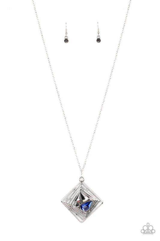Paparazzi Accessories Timelessly Tilted - Blue Dotted with dainty hematite rhinestones, textured silver bars twist and ripple into a stacked square frame. An abstract collection of round hematite, teardrop blue, and diamond shaped smoky rhinestones embell