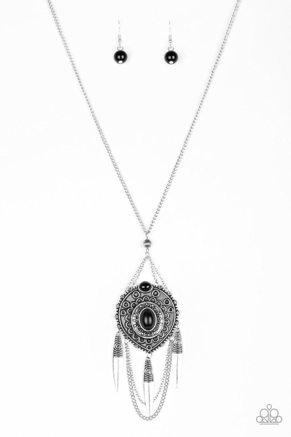 Paparazzi Accessories Cactus Canyon - Black Refreshing black beads are pressed into a stacked silver pendant embossed with ornate circular patterns. Swinging from the bottom of a lengthened silver chain, the colorful pendant gives way to layered silver ch