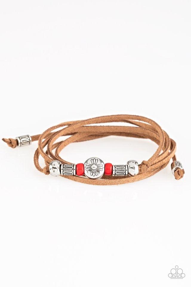 Paparazzi Accessories Find Your Way - Red An array of red and silver beads are knotted in place along elongated suede cording for a wanderlust fashion. To secure bracelet, tie ends in place around the wrist at desired length. Sold as one individual bracel