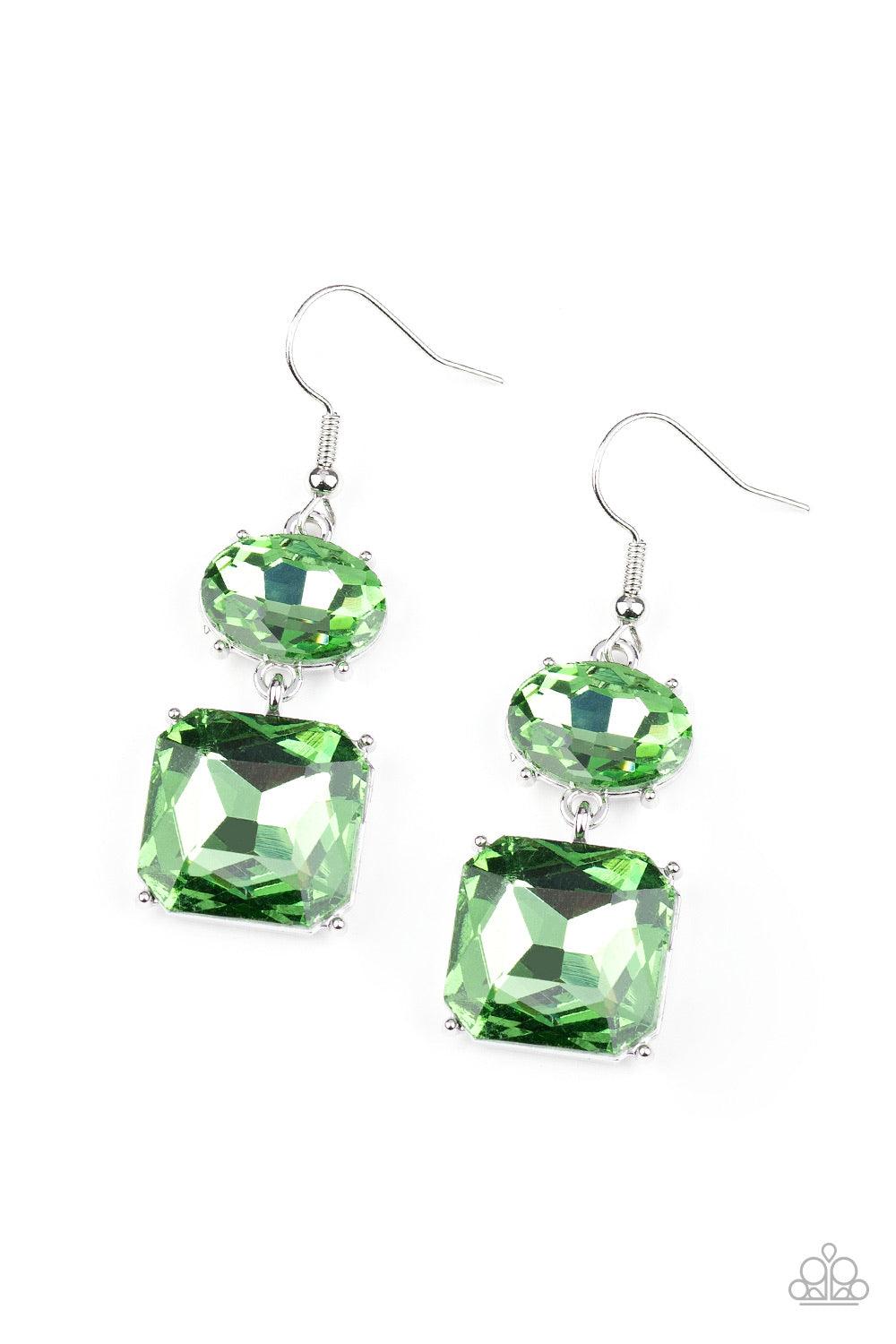 Paparazzi Accessories All Ice On Me - Green Encased in classic silver frames, a glittery oval and square green gem link into a glamorous lure. Earring attaches to a standard fishhook fitting. Jewelry