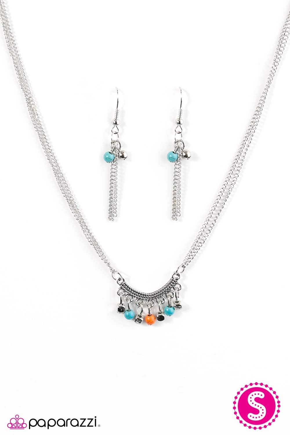 Paparazzi Accessories Living In Harmony - Multi Vivacious turquoise and orange stone beads swing from the bottom of a dainty silver pendant. The bowing pendant is embossed in tactile textures as silver cube beads are added to the colorful fringe, creating