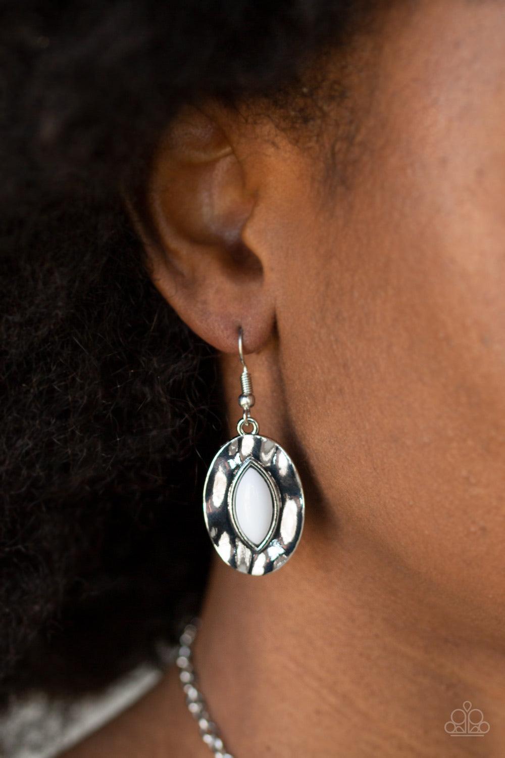 Paparazzi Accessories Terra Color - White Dotted with shiny white beads, a collection of hammered geometric frames gradually increase in size as they fan out below the collar for a boldly colorful look. Features an adjustable clasp closure. Sold as one in