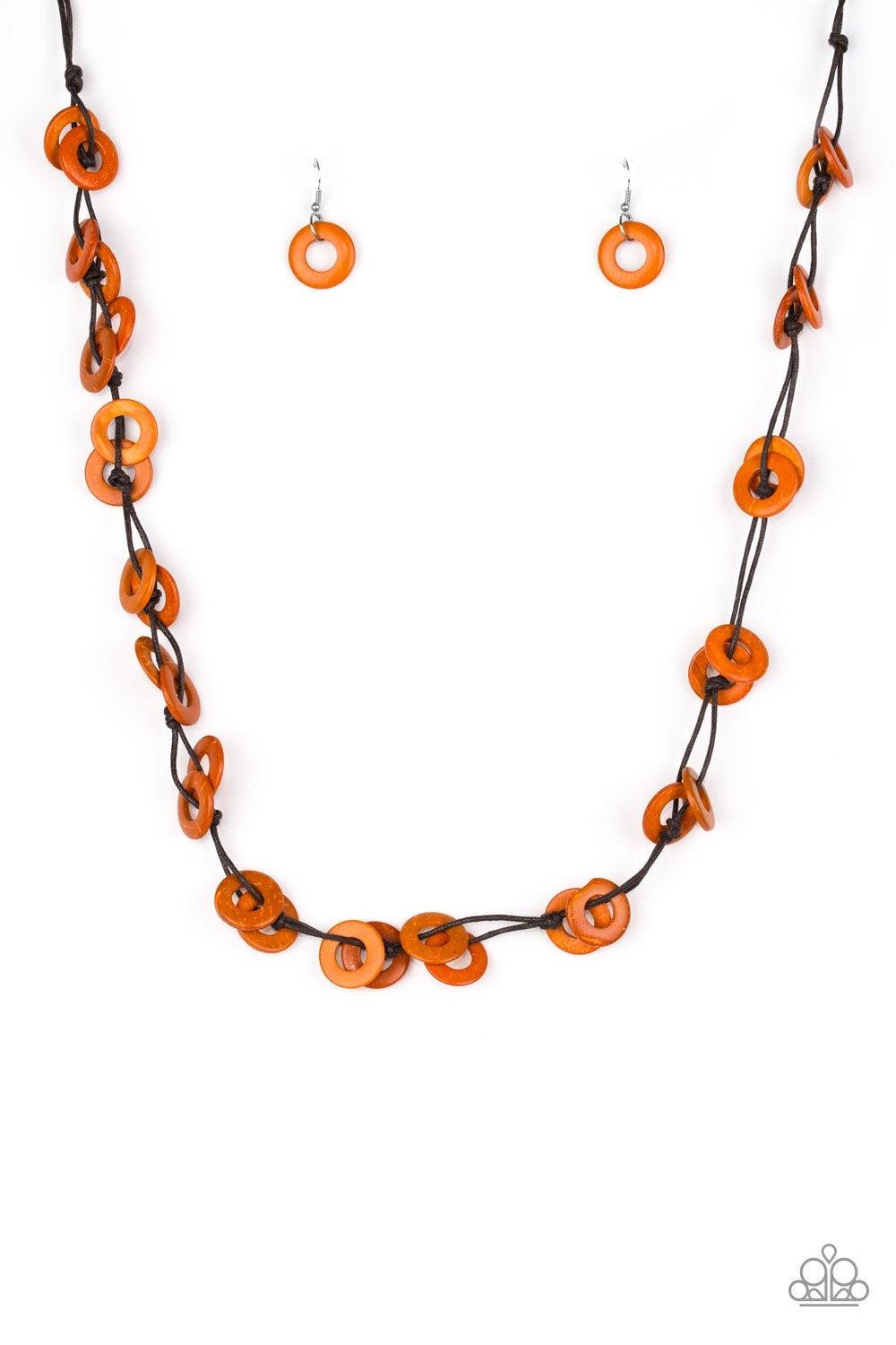 Paparazzi Accessories Waikiki Winds - Orange Shiny brown cording knots around vivacious orange wooden discs, creating a colorful display across the chest. Features a button loop closure.Sold as one individual necklace. Includes one pair of matching earrin