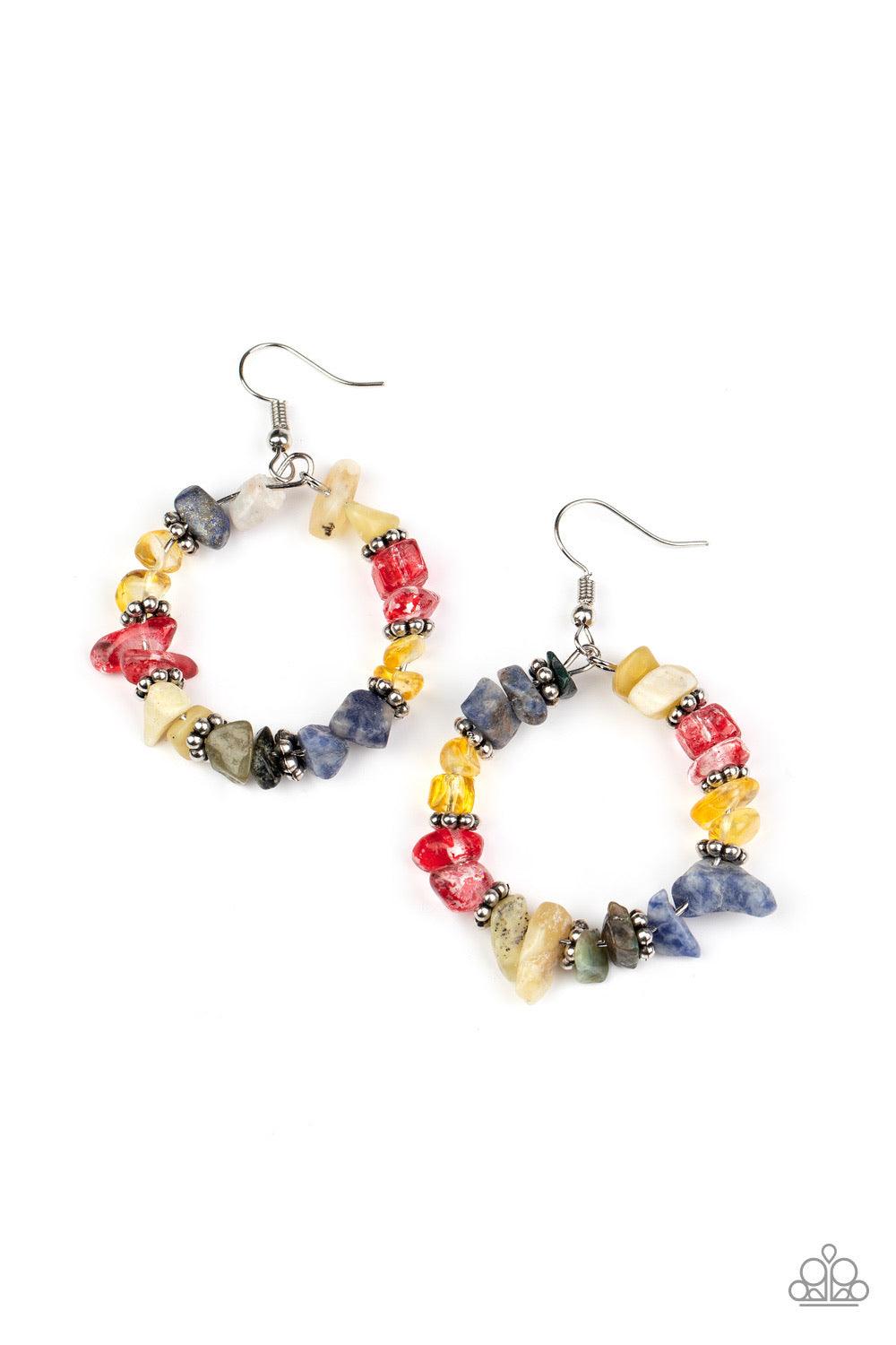 Paparazzi Accessories Going For Grounded - Multi Bits of multicolored rock and studded silver rings are threaded along a dainty wire, creating an earthy hoop. Earring attaches to a standard fishhook fitting. Sold as one pair of earrings. Jewelry
