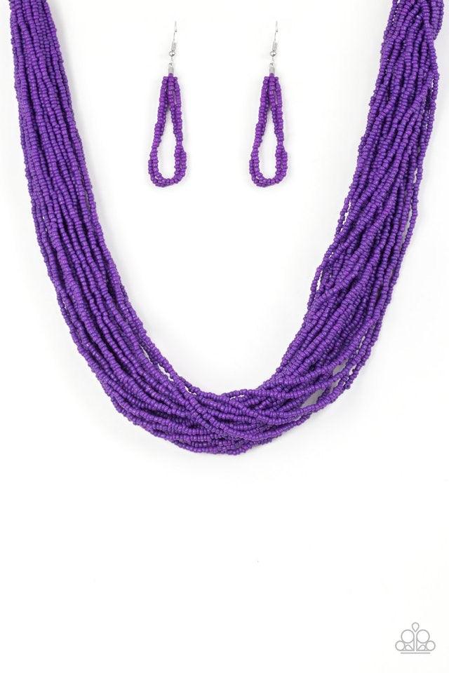 Paparazzi Accessories The Show Must CONGO On - Purple Infused with two bold silver fittings, countless strands of vivacious purple seed beads drape below the collar for a seasonal look. Features an adjustable clasp closure. Jewelry