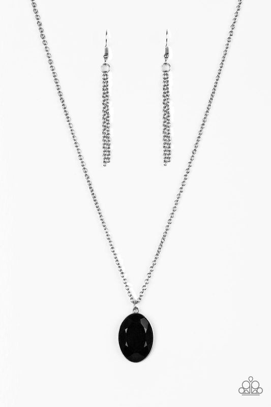 Paparazzi Accessories Definitely Duchess - Black Pressed into a sleek silver frame, a faceted smoky black gem swings below the collar for a glamorous look. Features an adjustable clasp closure. Sold as one individual necklace. Includes one pair of matchin