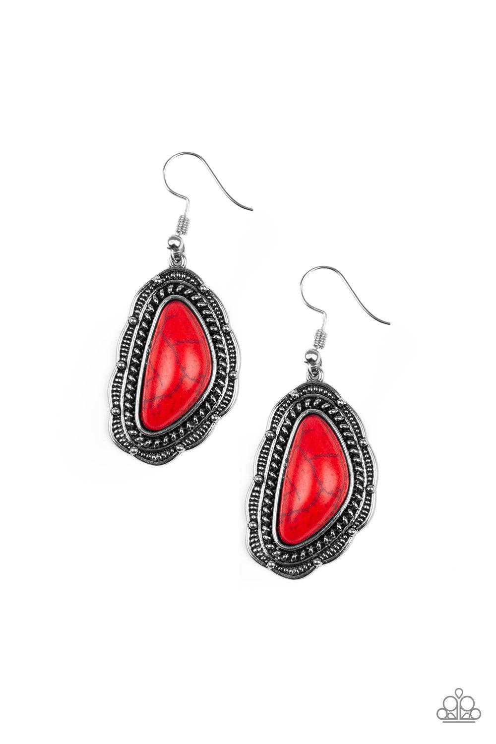 Paparazzi Accessories Santa Fe Soul - Red A fiery red stone is pressed into an ornate silver frame radiating with studded and serrated textures for a seasonal look. Earring attaches to a standard fishhook fitting. Jewelry