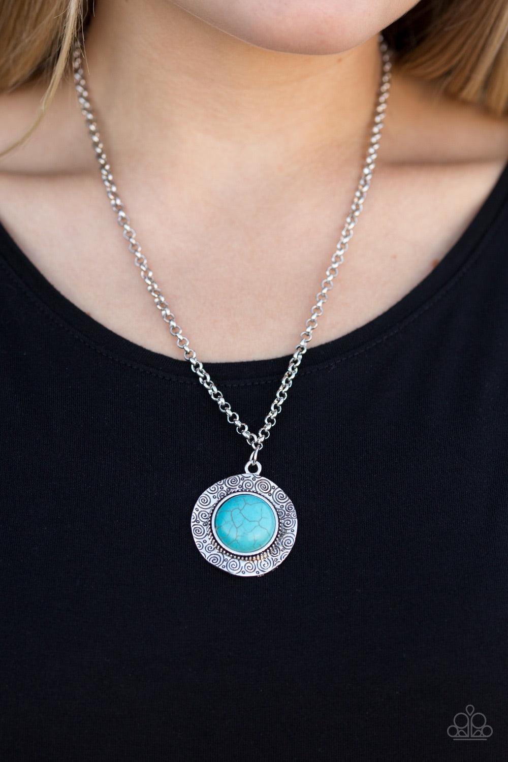 Paparazzi Accessories Course of Nature - Blue Stamped in dizzying swirls, a delicately hammered silver frame spins around a turquoise stone center for a handcrafted, artisanal look. Features an adjustable clasp closure. Jewelry