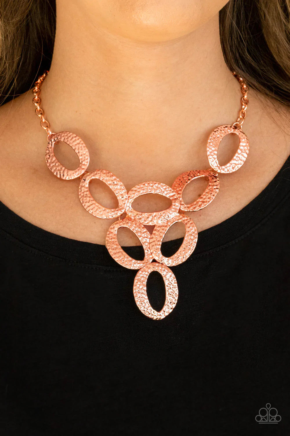 Paparazzi Accessories OVAL The Limit - Copper Hammered in shimmery detail, oversized shiny copper ovals delicately link into a dramatic centerpiece below the collar for a refined look. Features an adjustable clasp closure. Sold as one individual necklace.