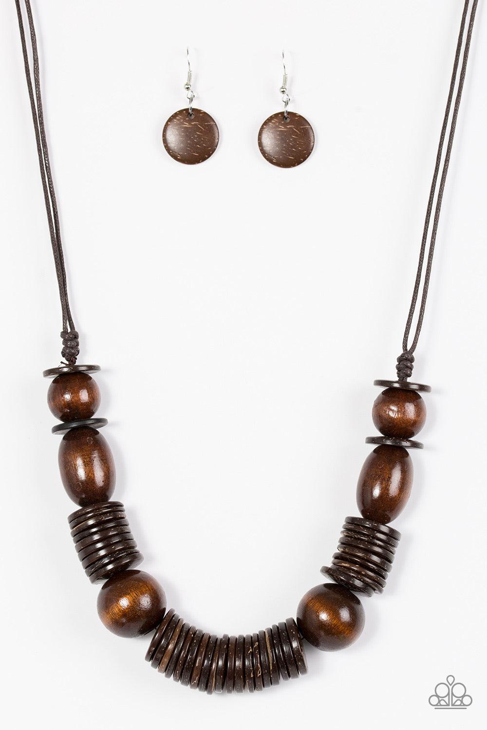 Paparazzi Accessories You Better Belize is - Brown Brushed in a neutral finish, brown wooden beads and brown wooden discs are threaded along shiny brown cording for a summery look. Features an adjustable sliding knot closure. Necklaces