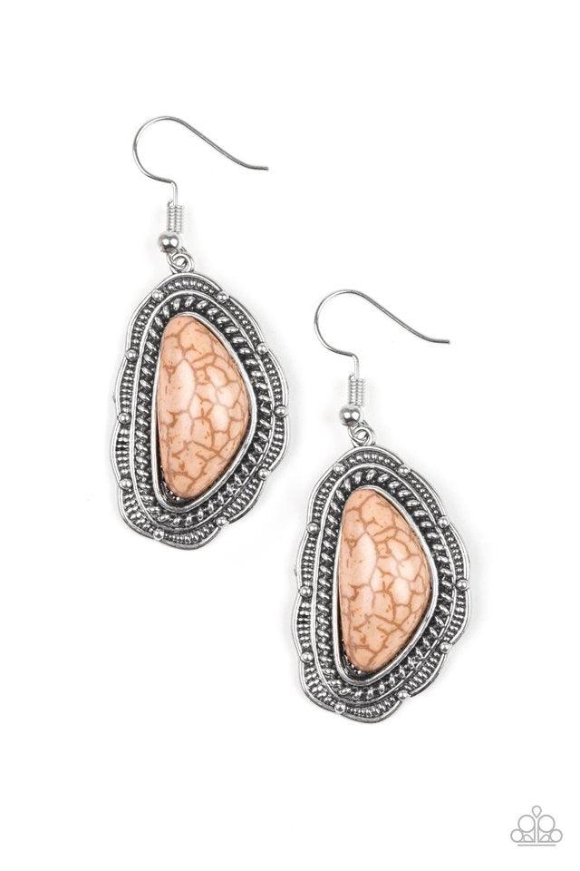 Paparazzi Accessories Santa Fe Soul - Brown An earthy brown stone is pressed into an ornate silver frame radiating with studded and serrated textures for a seasonal look. Earring attaches to a standard fishhook fitting. Jewelry