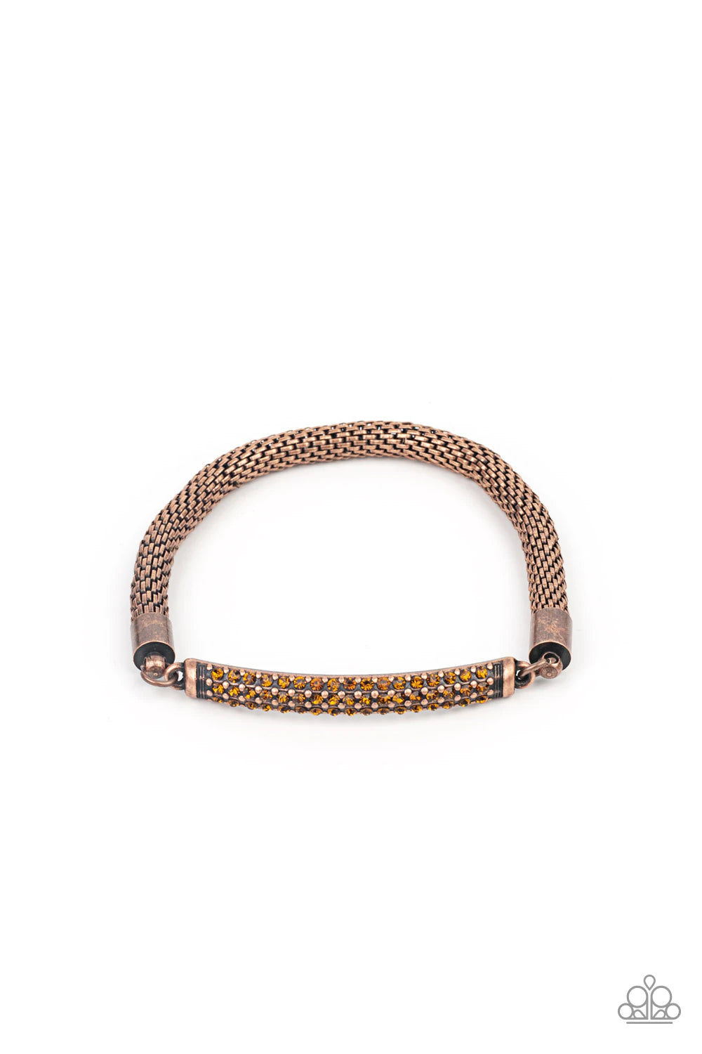 Paparazzi Accessories Fearlessly Unfiltered - Copper Threaded along a stretchy band, a gritty strand of rounded copper mesh chain links with a smoldering copper plate encrusted in rows of dainty topaz rhinestones, creating an edgy shimmer around the wrist