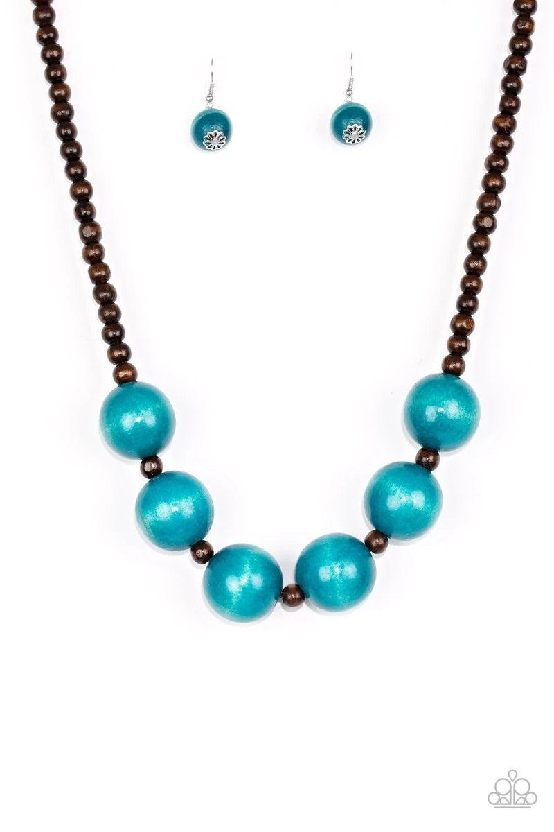 Paparazzi Accessories Oh My Miami - Blue Brown wooden beads are threaded along shiny brown cording. Brushed in a vivacious finish, dramatic blue wooden beads alternate below the collar for a bold summer look. Features a button loop closure. Sold as one in