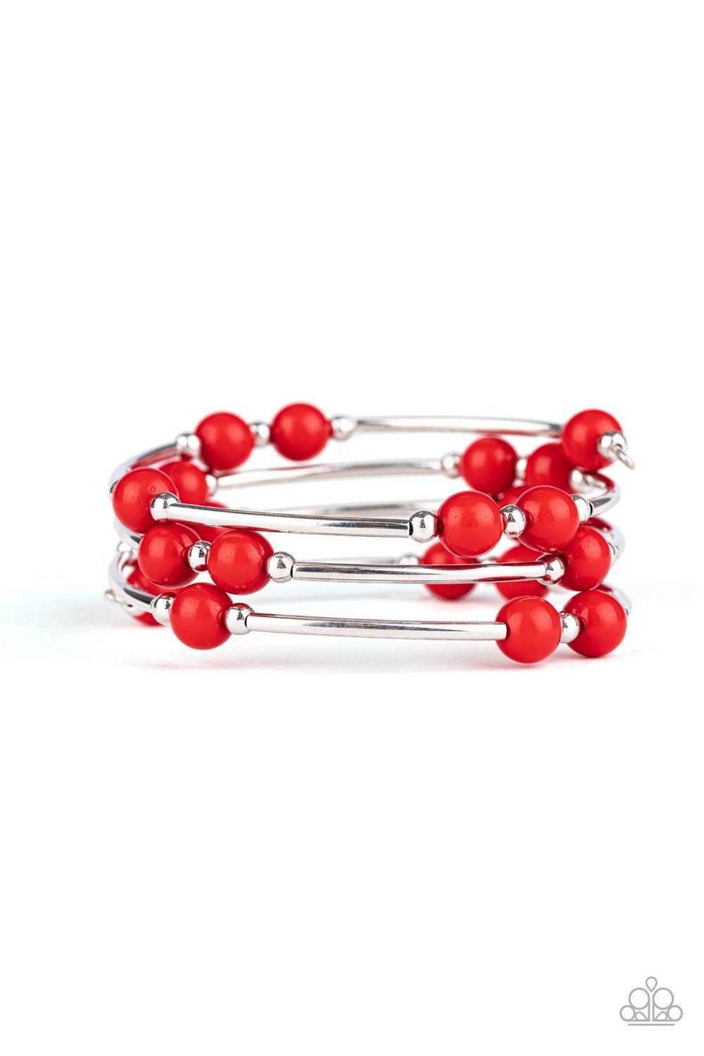 Paparazzi Accessories Let Freedom Ring - Red Dainty silver beads, silver cylindrical accents, and fiery red beads are threaded along a coiled wire, creating a colorful infinity wrap style bracelet around the wrist. Sold as one individual bracelet. Jewelry