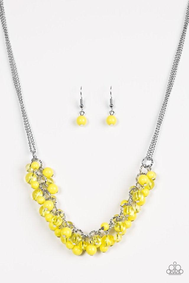 Paparazzi Accessories Boulevard Beauty - Yellow Featuring glassy and polished finishes, sunny yellow beads cascade from the bottom of textured silver links, creating a gorgeous clustered fringe below the collar. Features an adjustable clasp closure. Jewel