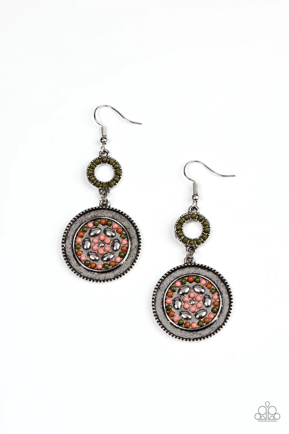 Paparazzi Accessories Meadow Mantra - Multi Dotted in dainty Olive Branch seed beads, a dainty silver hoop links to an ornate silver disc dotted in Adobe, Pale Rosette, and Olive Branch beads for colorful floral finish. Earring attaches to a standard fish