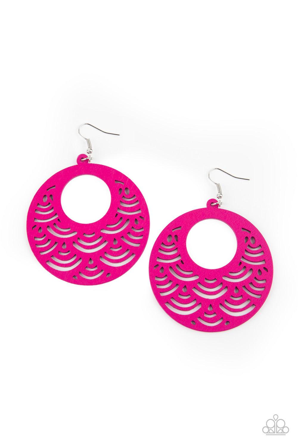 Paparazzi Accessories SEA Le Vie! - Pink Stenciled in an airy scalloped cutout pattern, a vivacious pink wooden frame swings from the ear for a colorful tropical inspiration. Earring attaches to a standard fishhook fitting. Sold as one pair of earrings. J