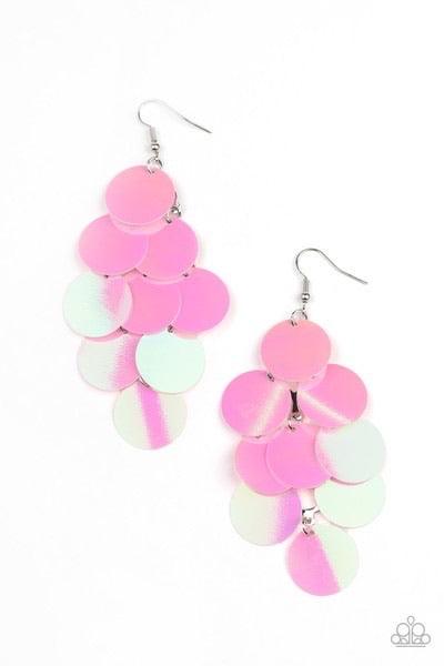 Paparazzi Accessories Mermaid Shimmer - Pink Bubbly pink iridescent discs cascade from the ear, coalescing into an effervescent lure. Earring attaches to a standard fishhook fitting. Jewelry