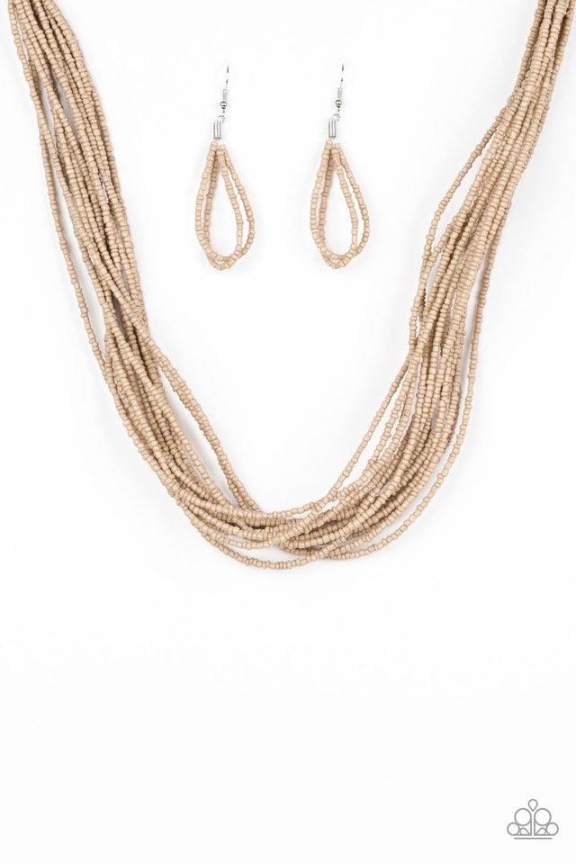 Paparazzi Accessories Wide Open Spaces ~Brown nfused with two large silver fittings, neutral brown seed beads are threaded along countless strands, creating dramatic layers below the collar for a seasonal look. Features an adjustable clasp closure. Sold a
