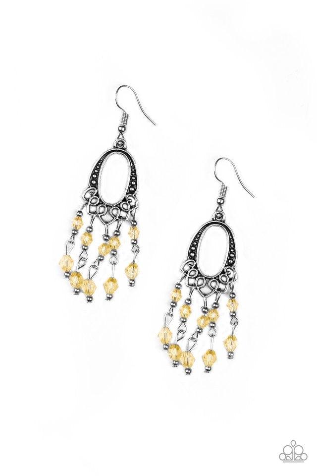 Paparazzi Accessories Not The Only Fish In The Sea - Yellow Glassy yellow beads cascade from the bottom of an ornate silver frame, creating a whimsical chandelier. Earring attaches to a standard fishhook fitting. Jewelry