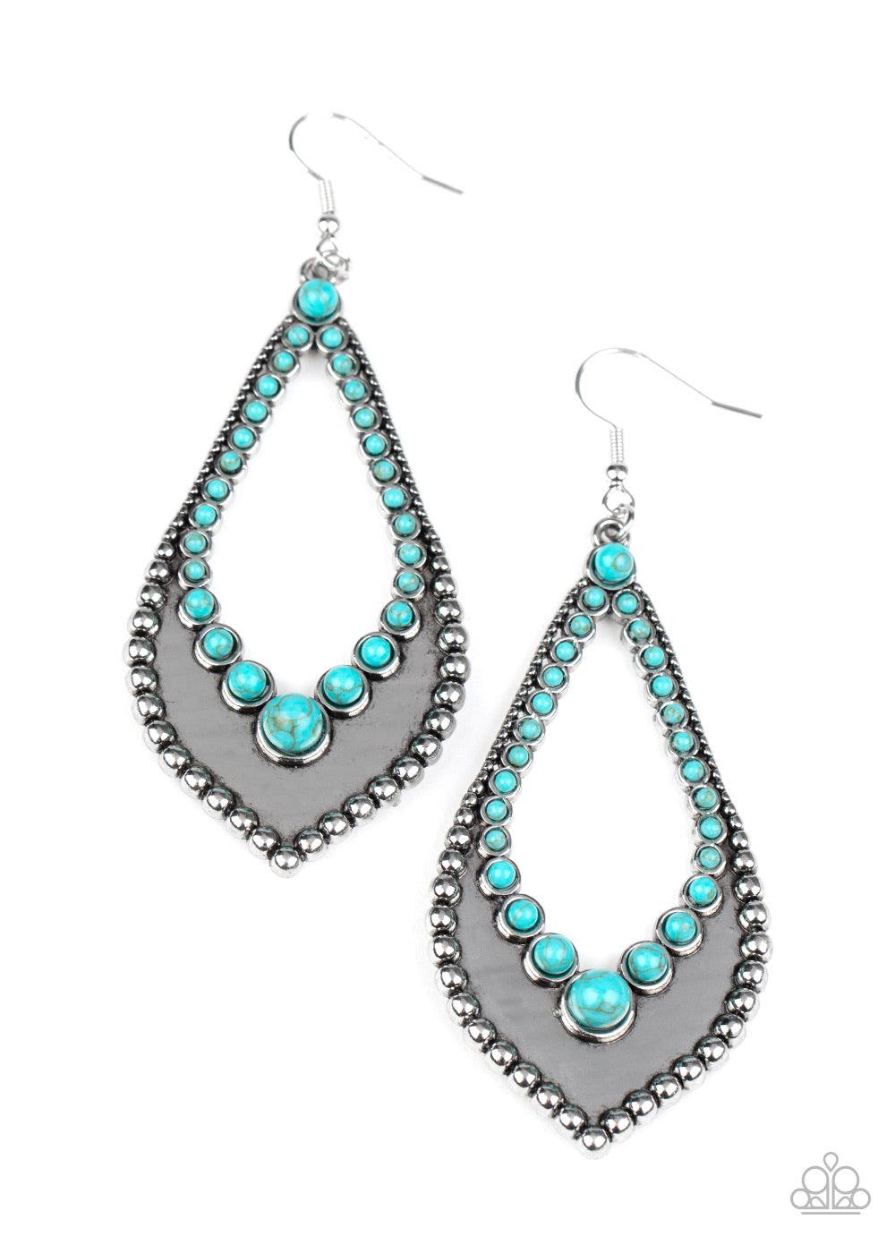 Paparazzi Accessories Essential Minerals - Blue Dainty turquoise stones dot the center of an airy silver teardrop frame. Gradually increasing in size, antiqued studs outline the frame's edge for a rustic flair. Earring attaches to a standard fishhook fitt