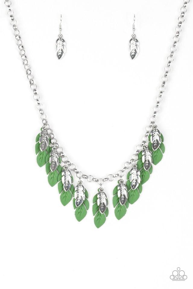 Paparazzi Accessories Rule The Roost - Green Glistening silver and greenfeathers swing from the bottom of a bold silver chain, creating a fierce fringe below the collar. Features an adjustable clasp closure. Sold as one individual Jewelry